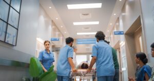 Backview,Shot,Of,Group,Of,Medical,Specialists,Transporting,An,Elderly